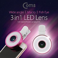 Coms 스마트폰 카메라 확대경(3 in1) 셀카 렌즈, LED 라이트, Macro/피쉬아이/Wide